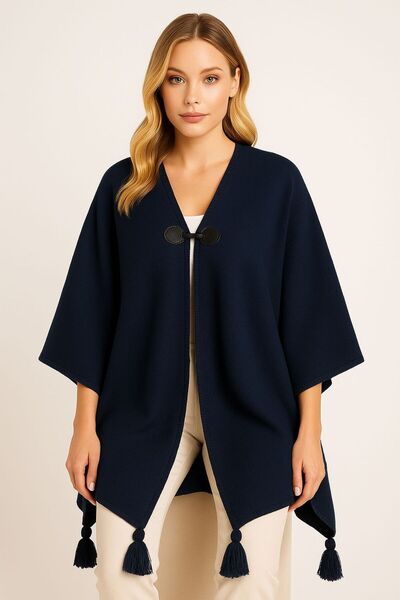 sf collection Solid Color Buckle Knitted Knitwear Poncho