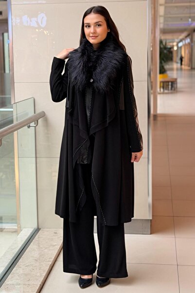 Ghisa Detachable Fur Leather Detailed Cap Sleeveless Underwear Pants 3-Piece Set