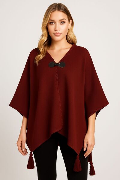 sf collection Solid Color Buckle Knitted Knitwear Poncho