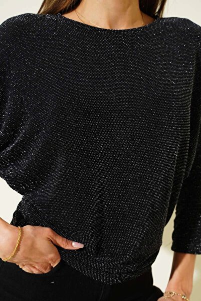 MetuCA Bluză material elastic pentru femei, neagră, cu sclipici, cu decolteu ...