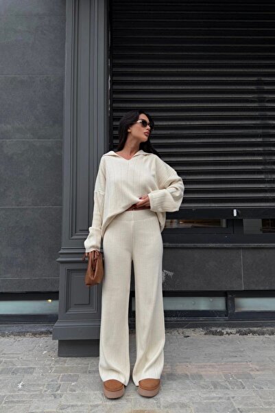 Auroveen قصة فضفاضة قماش مجدّل طقم سترة وبنطلون تريكو بياقة بولو AV3942