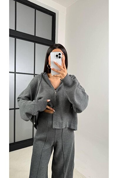 ALVOR T Double Zippered Hooded Cardigan Elastic Waist Trousers Double Knitwear Set