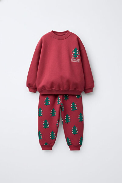 Magu Unisex Children's Cotton Burgundy Christmas Tree Patterned Tracksuit Set – Comfortable Fit