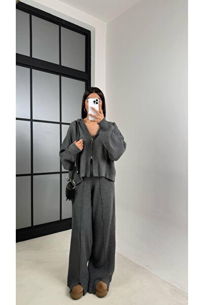 ALVOR T Double Zippered Hooded Cardigan Elastic Waist Trousers Double Knitwear Set