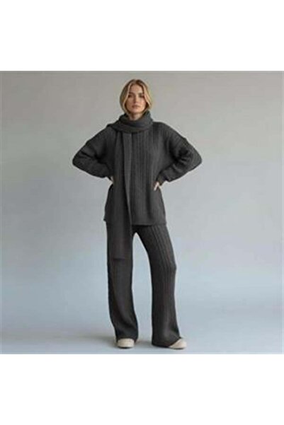 EREN STYLE Cotton Hair Braided Sweater Pants and Scarf 3-Piece Set (between Sizes 36-48)