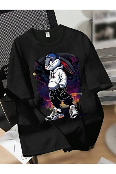 EYMORA Printed Rabbit Short Sleeve Black T-Shirt