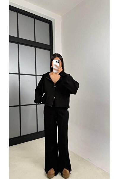 ALVOR T Double Zippered Hooded Cardigan Elastic Waist Trousers Double Knitwear Set