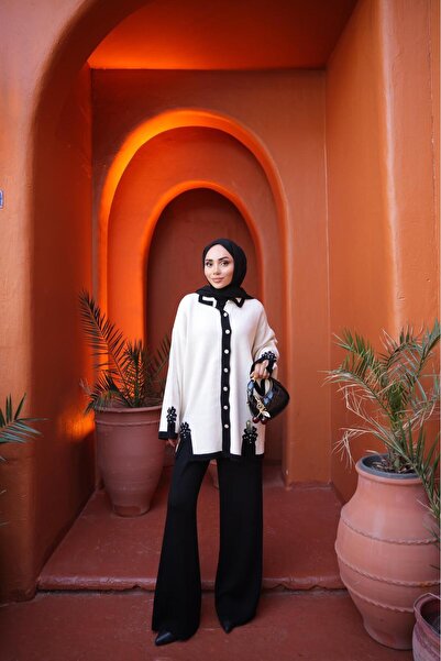 EREN STYLE Cotton Knitwear Stone Detailed Jacket Trousers 2-Piece Set (between Sizes 38-46)