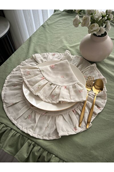 ToffyStore Yuvarlak Krem Müslin Çiçekli Amerikan Servis (38x38cm)