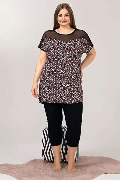 lidofya Διαφανές Λεπτομερές Σετ Πιτζάμες Κάπρι Μεγάλου Μεγέθους