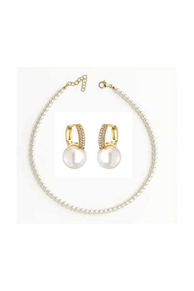 House of Crystals Silver Plated White Pearl Choker Necklace and Lady Earrings Set