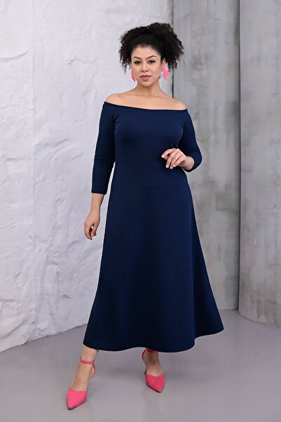 Truva XXL Office and Formal Wear: Navy Blue Three-Quarter Sleeve Plus Size Dress