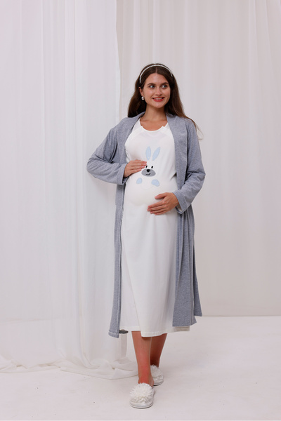 Yulem Homewear Blue Rabbit Patterned Cotton Long Sleeve Full Length Maternity Nightgown-Robe Set of 2