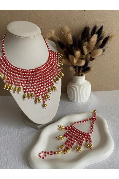 Handmade KUM BONCUK EL İŞİ KIRMIZI KOLYE SET