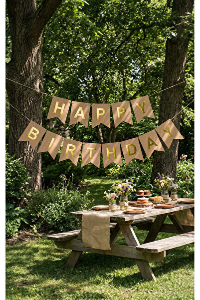 Noone Kraft Paper Gold Foil Happy Birthday Writing - English Birthday Party Banner