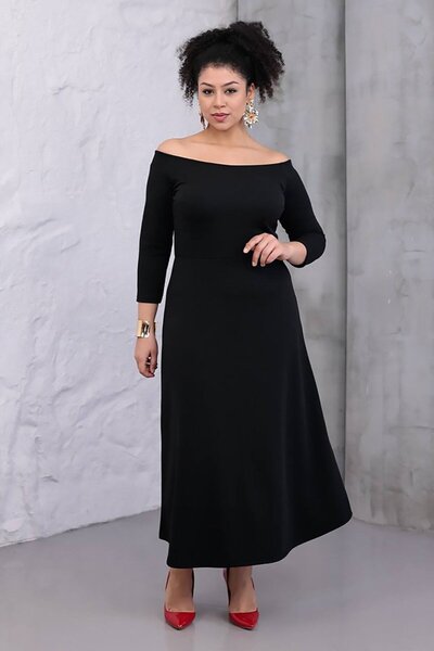 Truva XXL Timeless Black Plus Size Dress Model: Boat Neck Crepe Fabric