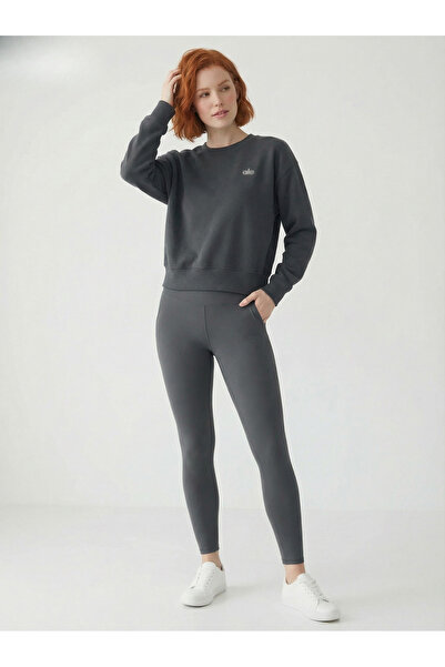 HepsitrentStore Dark Gray Crew Neck Long Sleeve Oversized Sweatshirt
