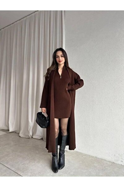 ALVOR Knitwear Zero Sleeve Mini Dress-Long Cardigan Set-Dual Set