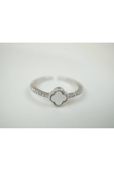 ATELİER TUĞBA خاتم YZK057 قابل للتعديل مزين بحجر الزركون على شكل ورقة البرسيم