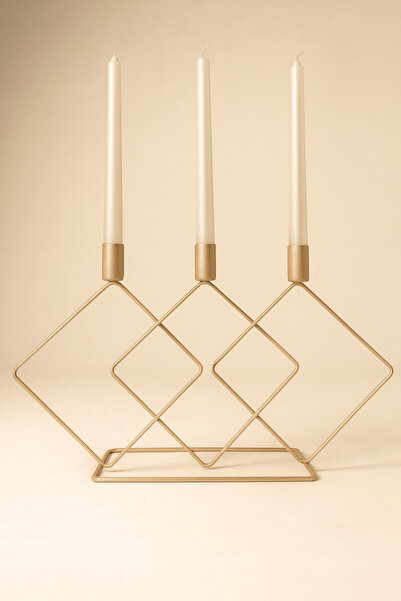 Ahlat Store 3'lü Kare Modern Gold Şamdan Asimetrik Mumluk Sütlü Kahve Dekoratif Mumluk Paslanmaz Kaplama