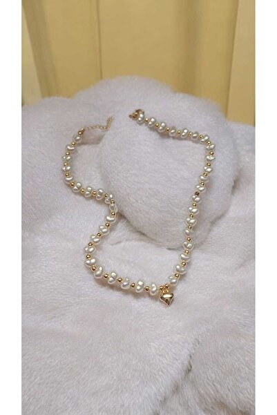Madam Bikan Gold Color Heart Detailed Pearl Necklace