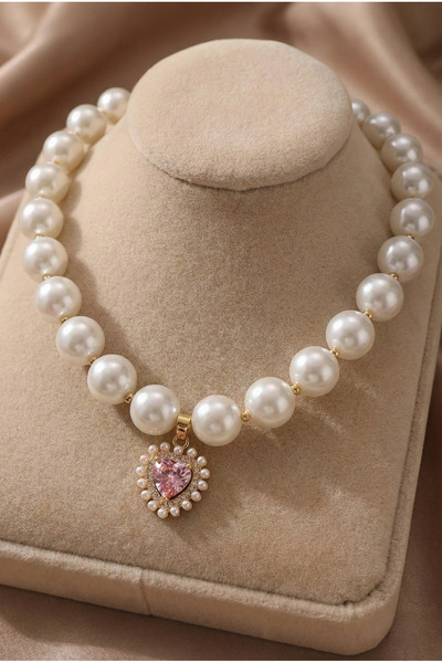 PRVT Büyük İnci Detaylı Kalp Taşlı Kolye – Altın Renk, Çelik, Kararmaz