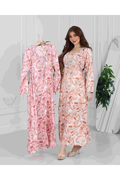 Nice Model Women's Peach Pink Floral Kaftan Maxi Dress V-Neck Long Sleeve Embroidered Abaya Elegant Homewear