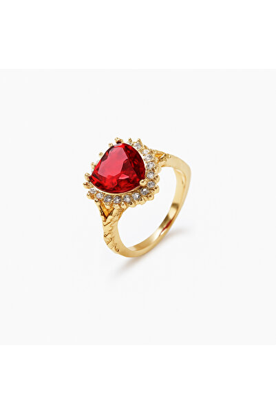 House of Crystals Gold Plated Ring with Zirconia Crystals Red Heart Red Love