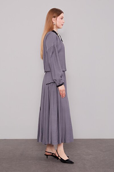 Levidor Anthracite gathered judge collar detailed skirt suit