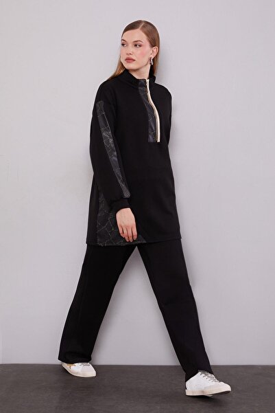 Levidor Black Glitter Leather Detailed Double Suit