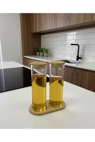 Tutku 2'Li Bambu Kapaklı Cam Yağdanlık