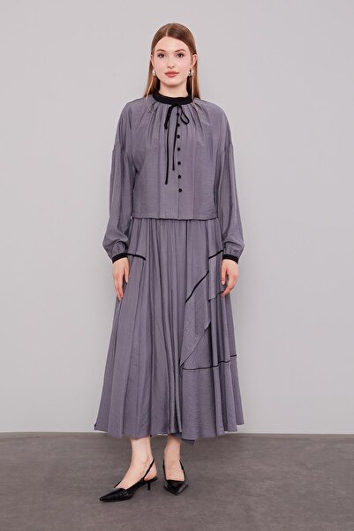 Levidor Anthracite gathered judge collar detailed skirt suit