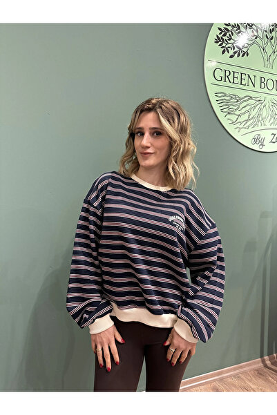 Greenboutique Çizgili Renk Bloklu Oversize Sweatshirt Lacivert