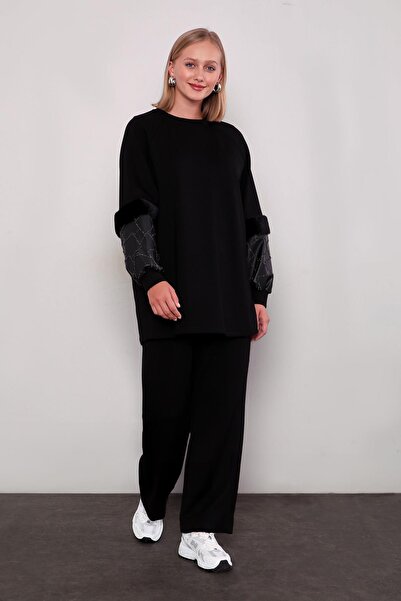 Levidor Black plush sleeve detailed sportswear set