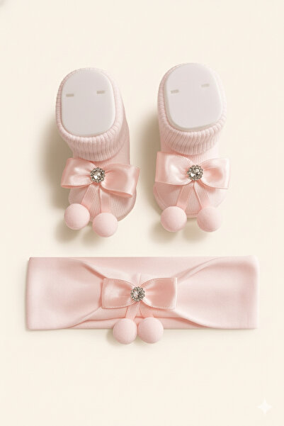 baby socks Fiyonk Ponponlu Pembe Bebek Çorap Bandana Takım 0-2 Yaş