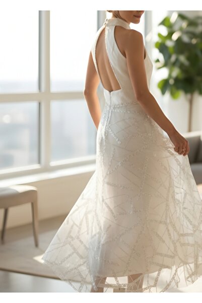 DADUCOLLECTİON Midi sırt dekolteli beyaz abiye gelinlik