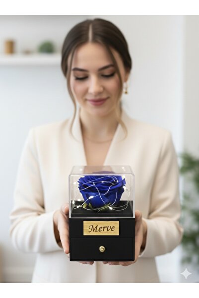 baskıtek İsimli Cam kutuda Mavi Gül Led Işıklı, Sevgiiye Hediye, Arkadaş Hedi...