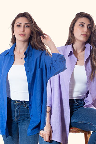 Justime Women's Oversized Cotton Linen Lilac - Navy Blue Shirt