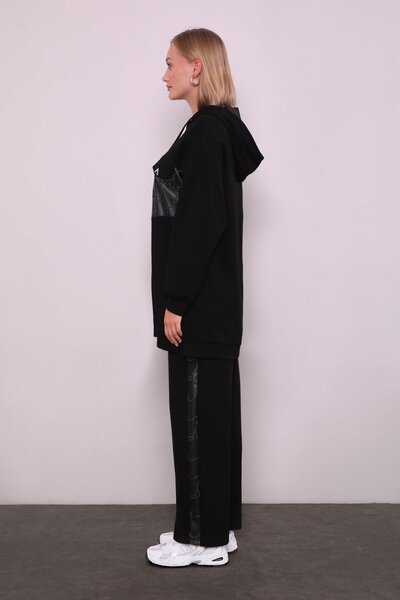 Levidor Black Leather Detailed Sports Suit