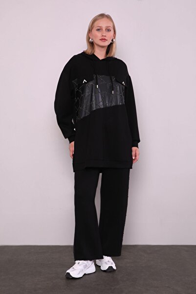 Levidor Black Leather Detailed Sports Suit