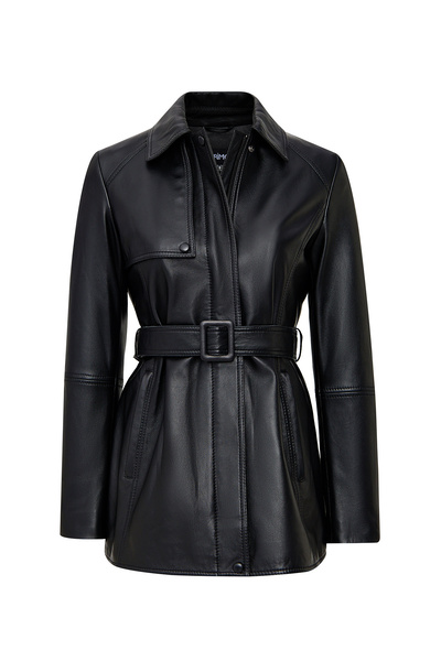 Derimod Cordelia Women's Black Belt Detailed Shirt Collar Leather Coat 25Wgd5623U6