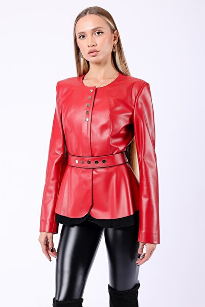 Leather Club Kırmızı Kemer Detaylı Hakiki Deri Ceket