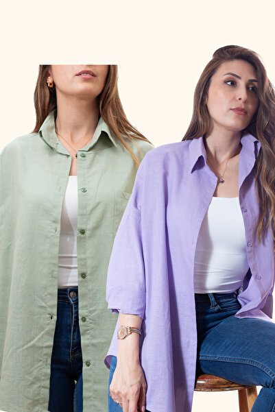 Justime Women's Oversized Cotton Linen Lilac - Cream Shirt