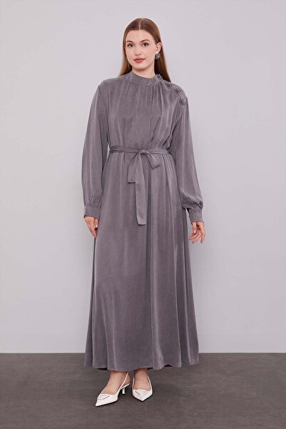 Levidor Anthracite shoulder flower detailed cupra dress