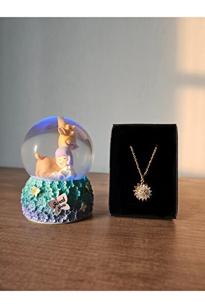 Rüya Kıyısı Geyik ve Kız Kış Masalı Işıklı Orta Boy Kar Küresi ve Dönen Çiçek...