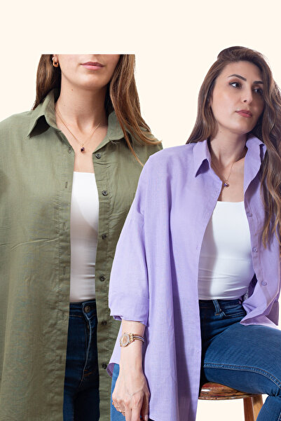 Justime Women's Oversized Cotton Linen Lilac - Cream Shirt