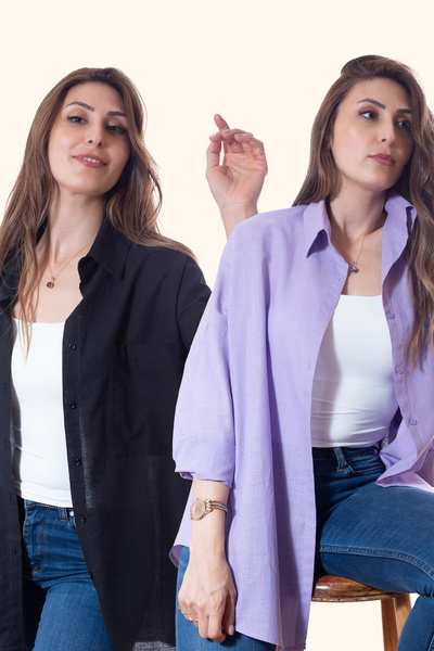 Justime Women's Oversized Cotton Linen Lilac - Black Shirt