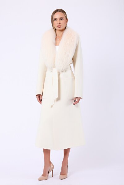 Leather Club Beyaz Fox Aksesuarlı Hakiki Kaşmir Kaban
