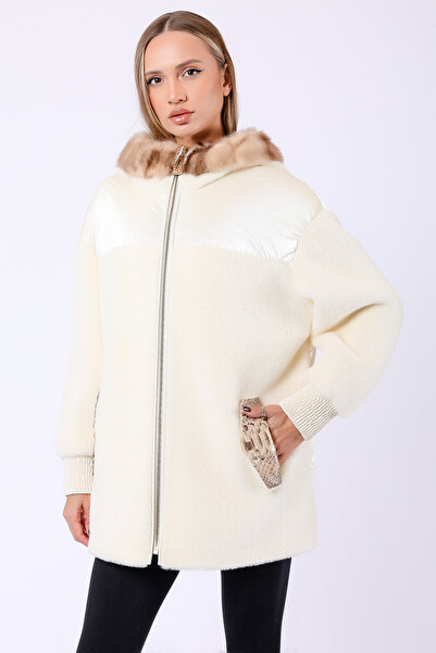 Leather Club Ekru Beyaz Hakiki Kürk Aksesuarlı Yün Puffer Kaban
