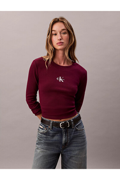 Calvin Klein Women's Cotton Crew Neck Long Sleeve Burgundy T-Shirt Lv047A803G-2E5